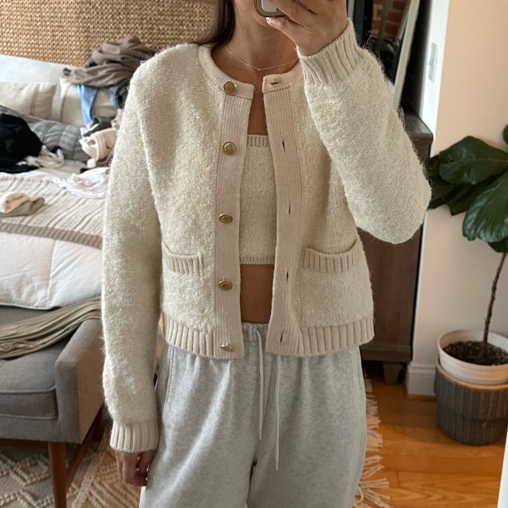Zara BOUCLE knit cardigan sweater and bandeau set small ecru fuzzy teddy gold - Picture 8 of 13